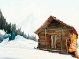 a painting of a cabin in the snow with a mountain in the background