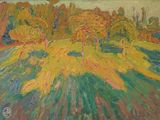 an image of a painting of a field with trees in the background