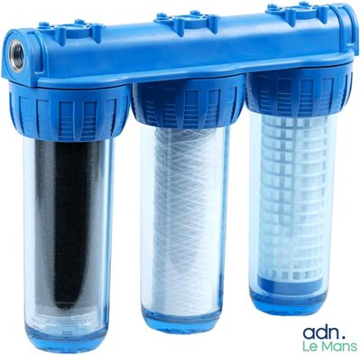 a close up of three blue water filters on a white background