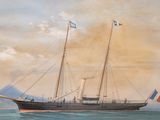 a painting of a ship in the water with flags on it