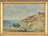 une image représentant un tableau représentant un paysage avec un bateau sur l'eau