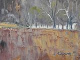 a painting of a landscape with trees on the side of a cliff