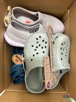 several pairs of shoes in a box on the floor