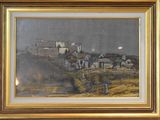 painting of a village in a golden frame on a white wall