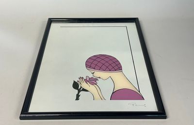 a framed picture of a woman with a bird in her hand