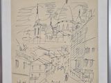 peinture représentant un dessin d'une ville avec des bâtiments et des personnages