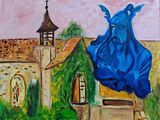 une peinture représentant un tissu bleu au sommet d'un immeuble
