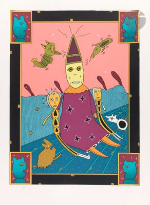 an image of a painting of a man with a hat and a cat