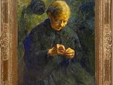 an oil painting of a woman holding a bird in her hands