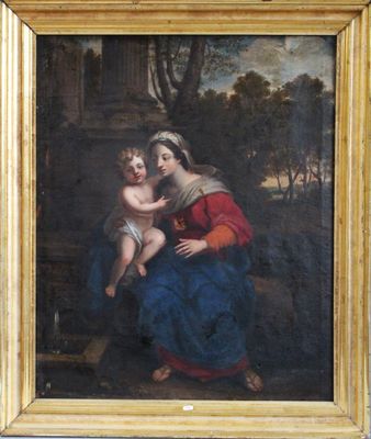 une peinture ancienne représentant une femme tenant un enfant sur ses genoux