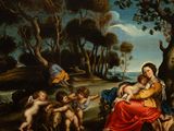 painting of a painting of a woman holding a child in a wooded area