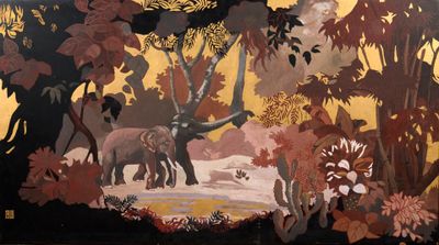 une photo d'un tableau représentant des éléphants dans la jungle