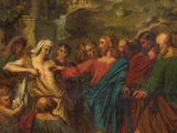 an oil painting of a group of people standing around a man on a cross