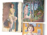 three paintings of a woman sitting on a chair in front of a window
