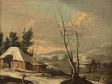 an image of a painting of a snowy landscape with a hut in the foreground and people in the foreground
