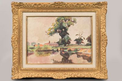 an image of a painting of a tree by a river