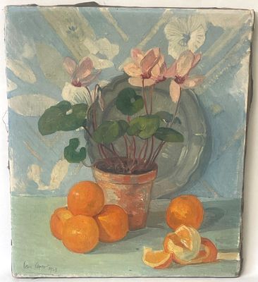 une peinture représentant une plante en pot et des oranges posées sur une table