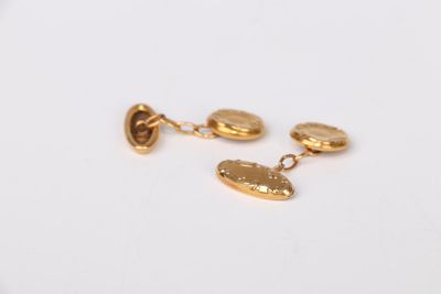 a close up of a pair of gold earrings on a white surface