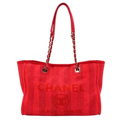 chanel red canvas tote bag with chain handles
