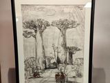 dessin encadré représentant un paysage avec des arbres et un homme assis sur un banc