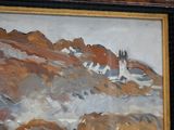 a picture of a painting of a mountain with a lighthouse in the background