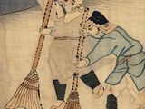 a painting of two men with brooms on the beach