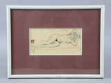 drawing of a woman laying on a bed in a white frame