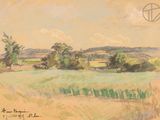 painting of a field with trees and grass in the foreground