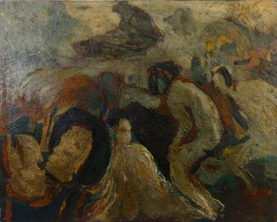 peinture d'un groupe de personnes à cheval dans un champ