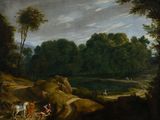 tableau représentant un paysage boisé avec une rivière et un homme à cheval