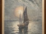an oil painting of a sailboat in the ocean at sunset