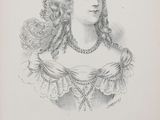 un vieux dessin en noir et blanc représentant une femme en robe