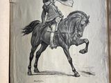 a drawing of a man riding a horse with a flag on it