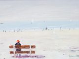 a painting of a person sitting on a bench on the beach