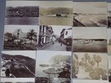 several old black and white photographs of a town and a beach