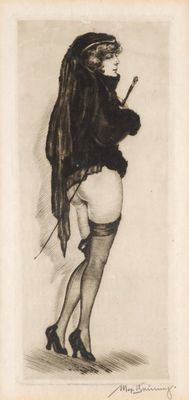dessin représentant une femme en bas et jarretières tenant une cigarette