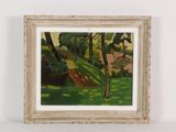 un tableau représentant un paysage avec des arbres et de l'herbe, dans un cadre blanc