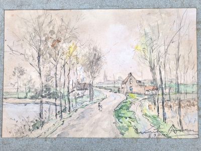 École XXe. "Paysage animé", dessin au crayons et aquarelle, …