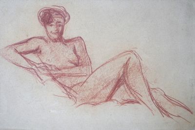 dessin représentant une femme assise sur une chaise, coiffée d'un chapeau