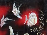a picture of a painting of birds and flowers on a red background