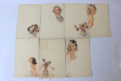 six cartes sur lesquelles sont représentées des femmes et des fleurs, sur un fond blanc