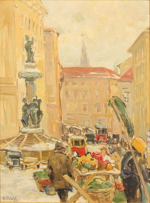 tableau représentant une scène de rue avec des personnages et une statue en arrière-plan