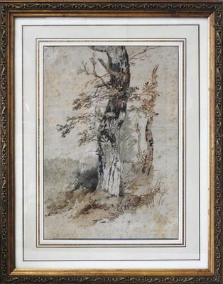 a painting of a tree in a field with a brown frame