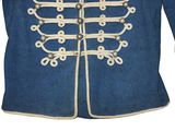 blue military jacket with white pips and buttons on a white background