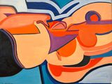 abstract painting of a man holding a guitar and a woman ' s hand