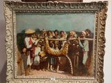 une photo d'un tableau représentant un groupe de personnes avec une girafe