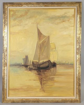 an oil painting of a sailboat in the water with other boats in the background