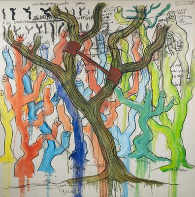 tableau représentant un groupe de personnes debout autour d'un arbre aux couleurs variées