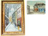 tableau représentant une femme marchant dans la rue, à côté d'une photo d'un immeuble
