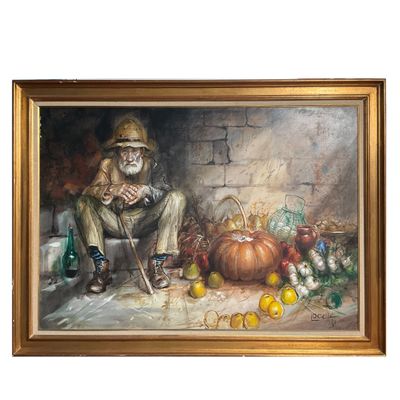 tableau représentant un vieil homme assis devant une cheminée, entouré de fruits et de légumes